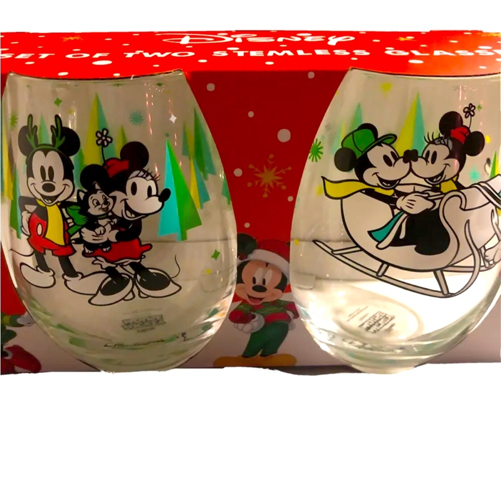 DISNEY Christmas MICKEY MOUSE & MINNIE MOUSE STEMLESS GLASSES SET OF 2 NEW